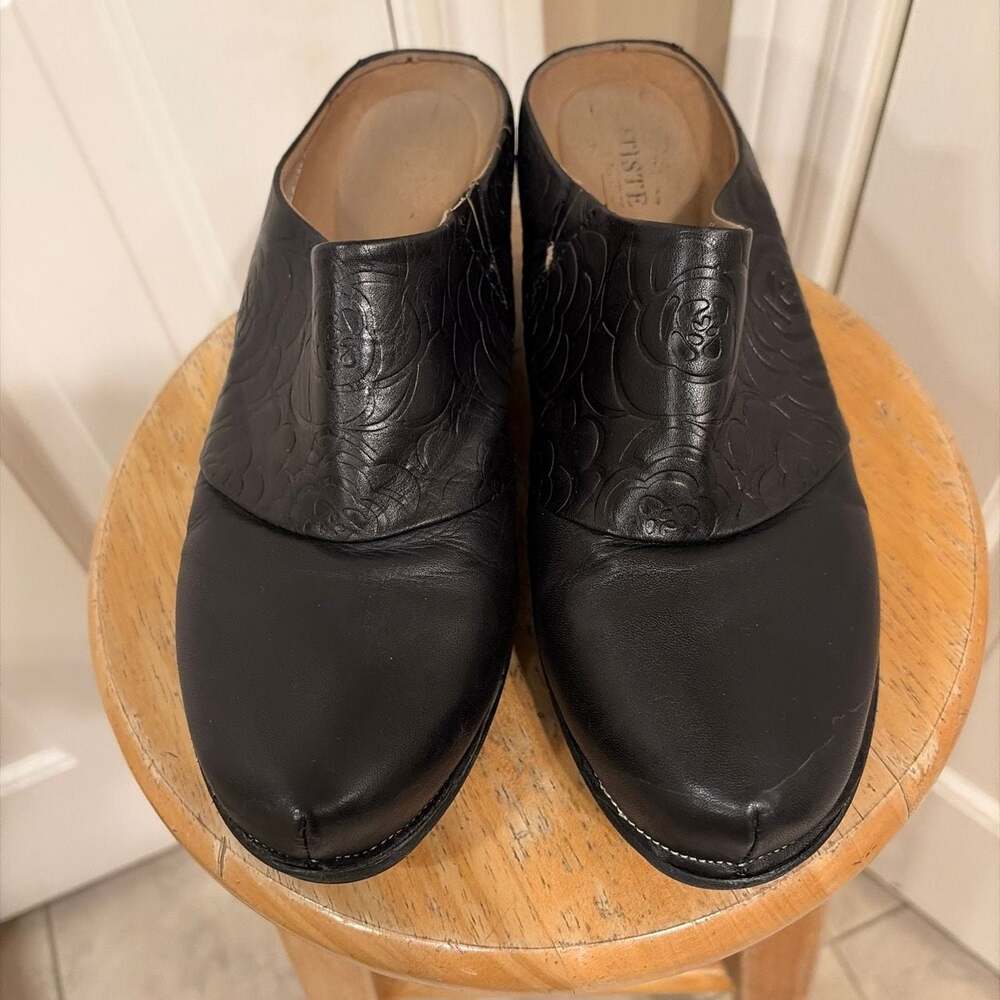 L'Artiste by Spring Step black embossed floral leather wedge mules